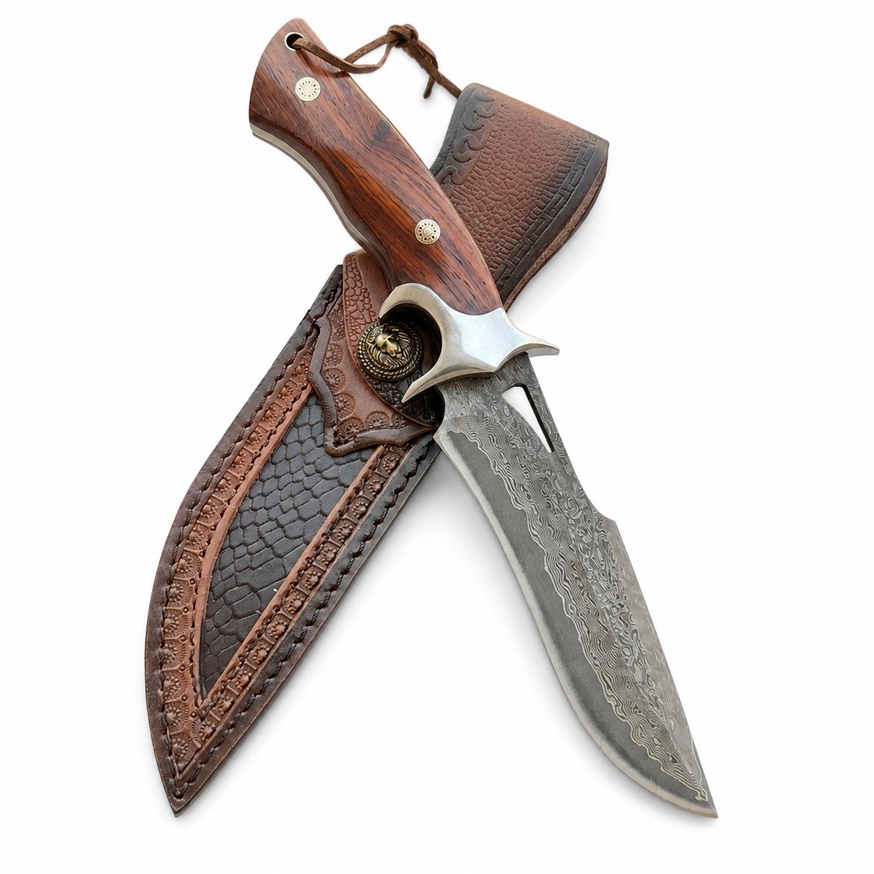 Drop Point Knife Fixed Blade Hunting Survival Combat Outdoor Damascus Steel Wood
